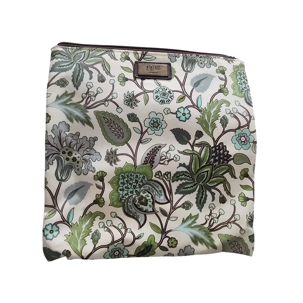 Gigi Hill Los Angeles Floral Paisley Zipper Pouch Cosmetic Bag Green Blue Cream